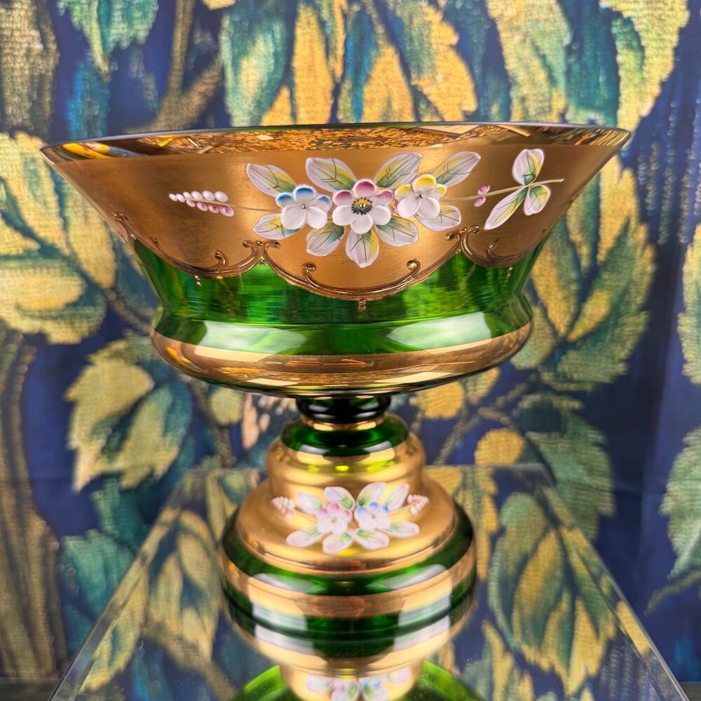 Vintage Bohemian Emerald Green Glass Pedestal Bowl Gold Gilt Hand Painted Floral